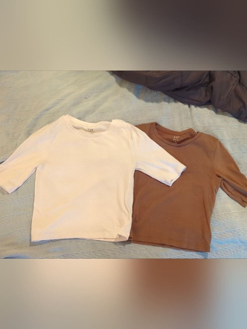 GAP Modern Crew Neck Cropped Tee 3/4 Length Sleeve - White & Tan (Selling Two)